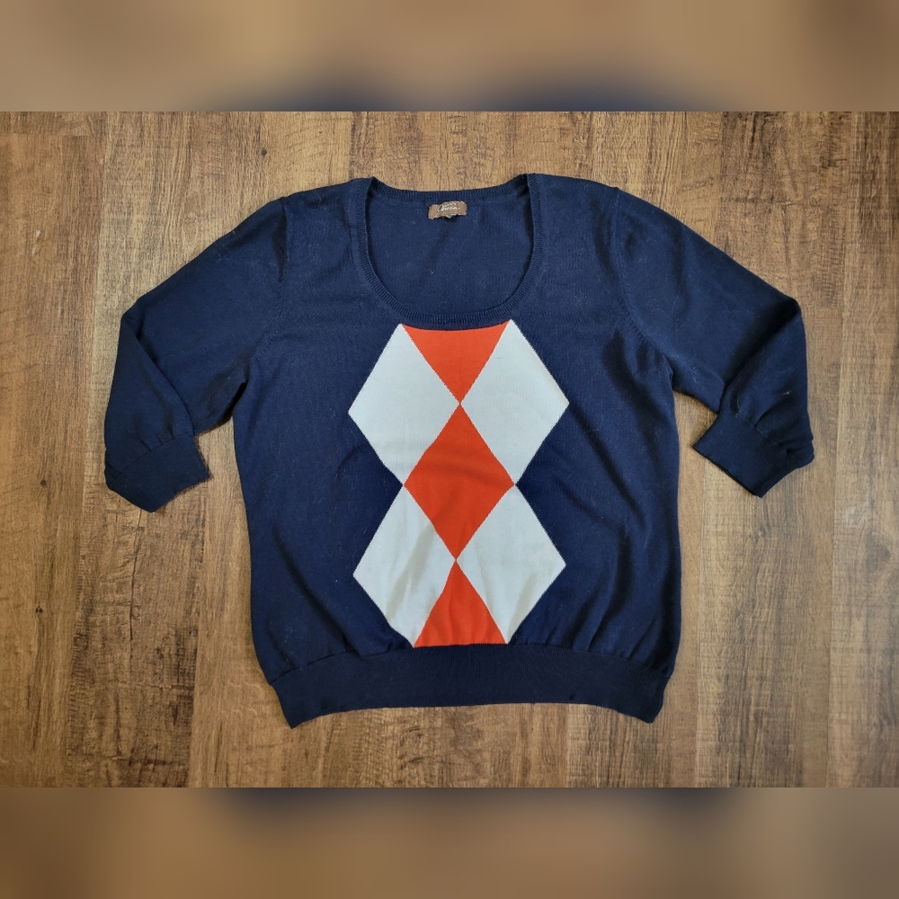 Jessica Navy Sweater with White and Orange Argyle Front